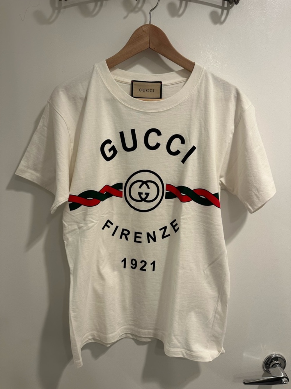 Gucci White Firenze 1921 Logo Tee with Red-Green Stripe